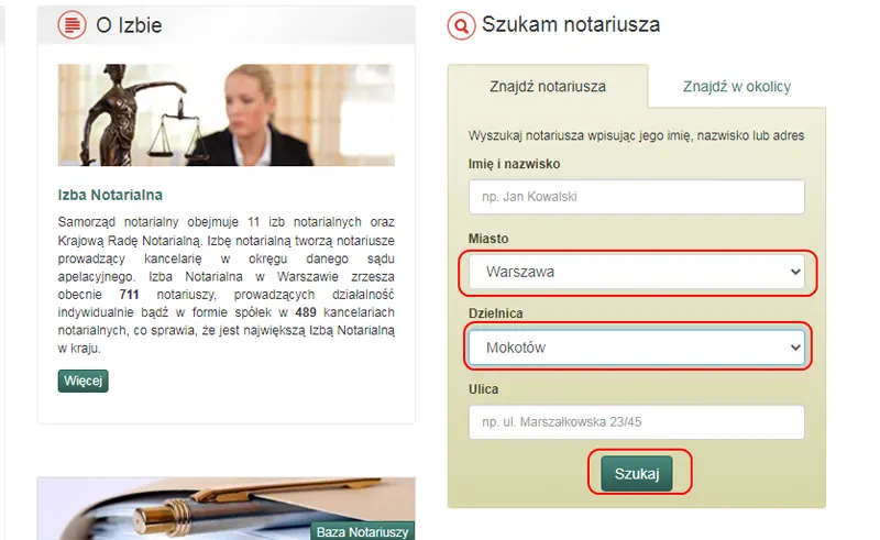 Пошук нотаріуса у Варшаві та інших містах Мазовецького воєводства.
