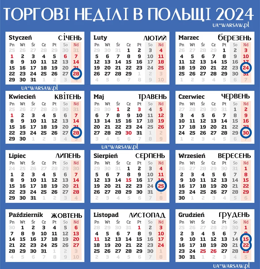 торгові неділі в Польщі 2024 - календар з датами